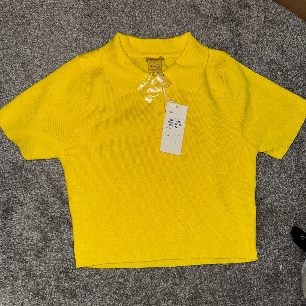 Vibrant Yellow Polo Top with Collar and Short Sleeves - Cropped Fit